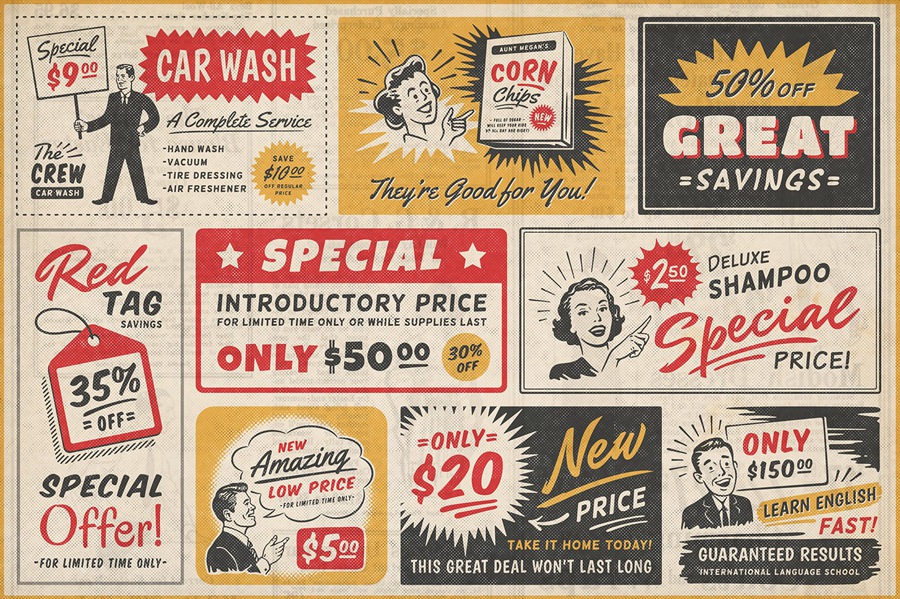 20世纪50年代复古风格广告PSD模板 1950s Retro Style Ad Templates 102个复古广告模板超过450个插画AI矢量图形、PNG设计元素 图片素材 第5张