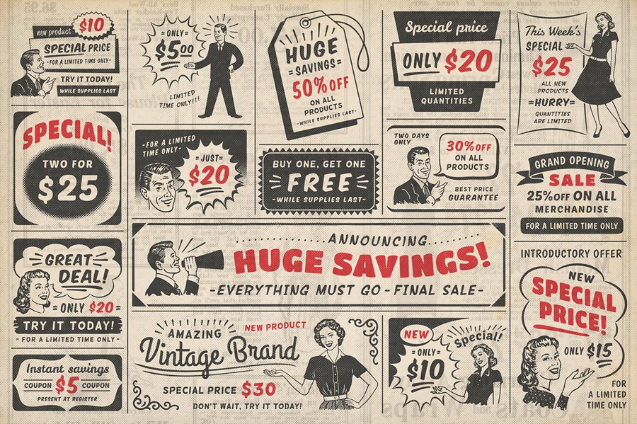 20世纪50年代复古风格广告PSD模板 1950s Retro Style Ad Templates 102个复古广告模板超过450个插画AI矢量图形、PNG设计元素 图片素材 第6张