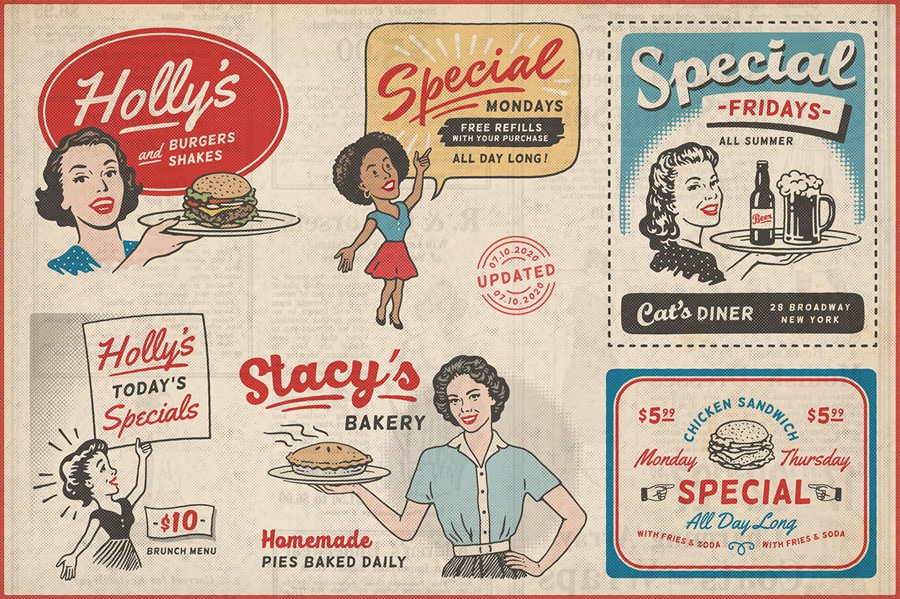 20世纪50年代复古风格广告PSD模板 1950s Retro Style Ad Templates 102个复古广告模板超过450个插画AI矢量图形、PNG设计元素 图片素材 第13张