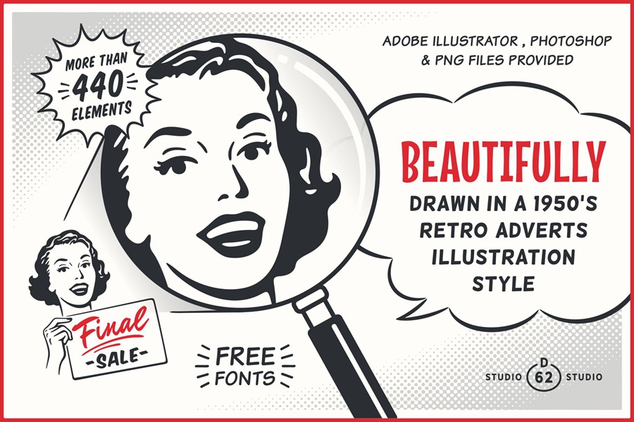 20世纪50年代复古风格广告PSD模板 1950s Retro Style Ad Templates 102个复古广告模板超过450个插画AI矢量图形、PNG设计元素 图片素材 第18张