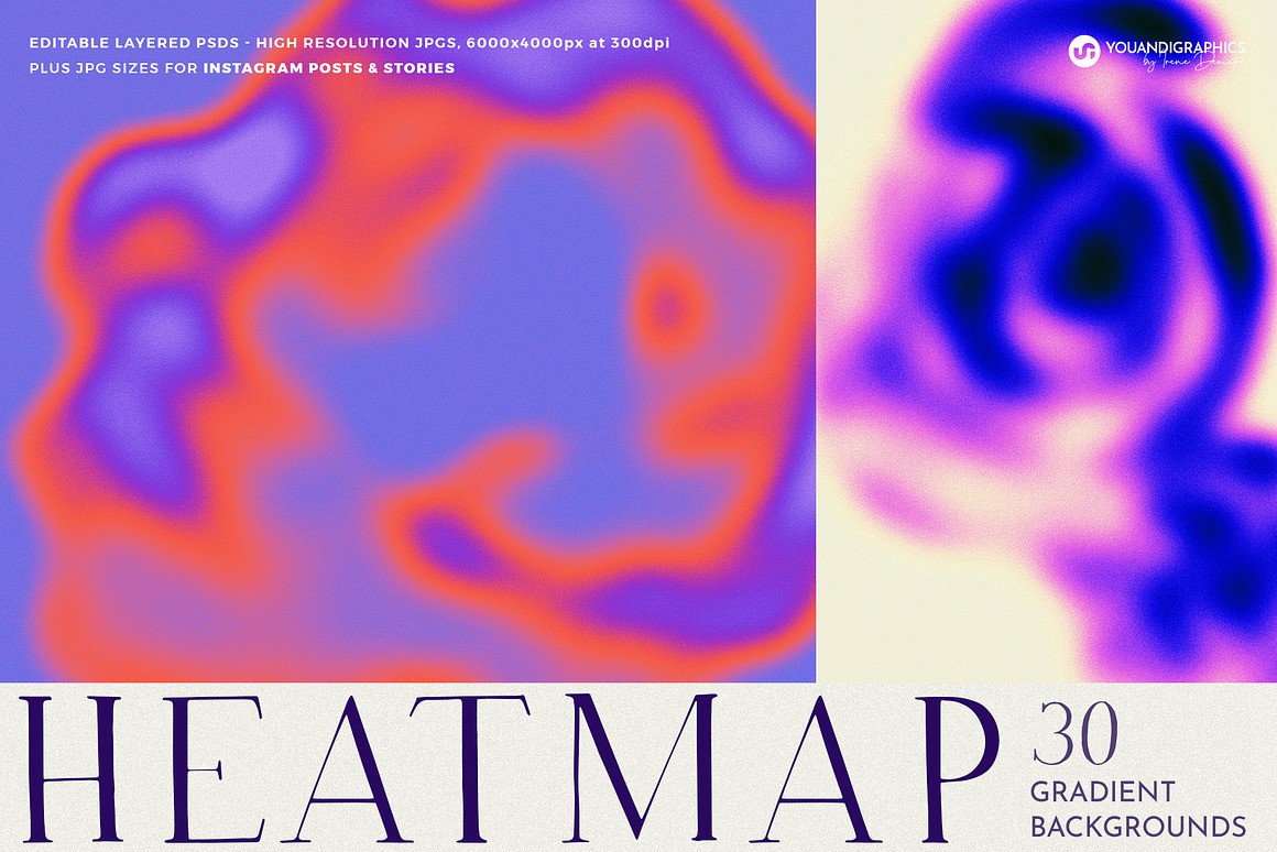 30款抽象艺术红外热感应热成像弥散光渐变迷幻酸性海报背景设计套装 Heatmap Grainy Gradient Backgrounds , 第1张