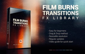 PR模板：80年代复古胶片漏光燃烧刻录旧磁带打孔划痕+音效素材 Film Burns FX Pack
