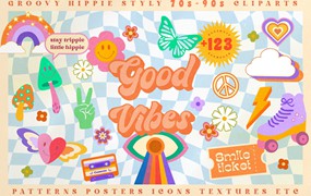 复古氛围艺术Emoji笑脸、鲜花艺术拼贴画蝴蝶形状、海报纹理 Retro Vibes Art 70s 90s