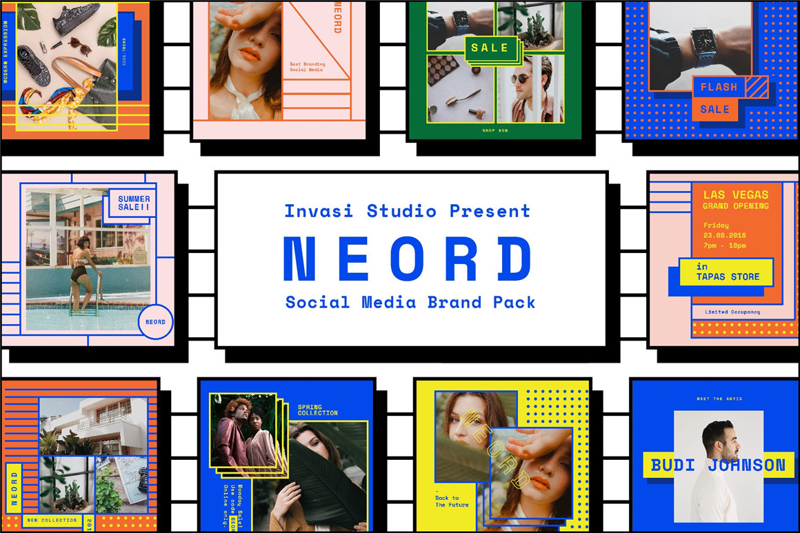 Invasi Studio 90年代新潮复古孟菲斯风格社交媒体电商海报设计PSD模板 NEORD Bundle Brand Templates 图片素材 第1张