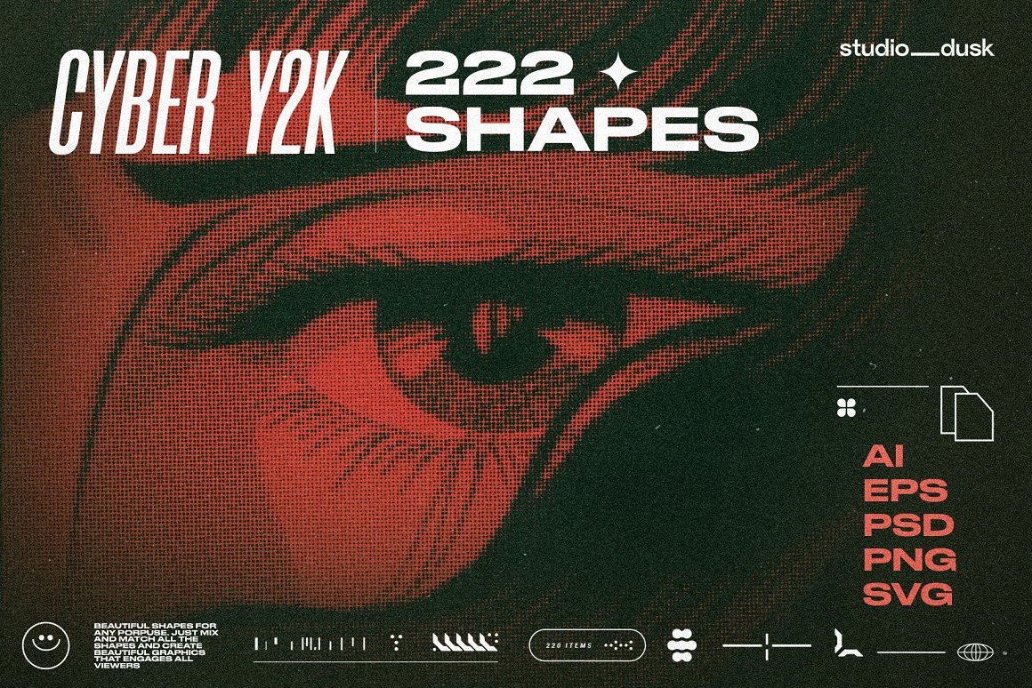 Studio Dusk 222个复古Y2K风格未来主义科幻图形元素海报排版专辑封面素材包 Cyber Y2K Elements 图片素材 第1张