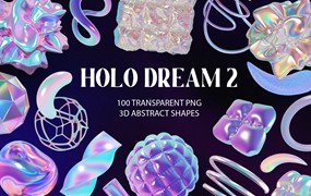 100款全息3D迷幻酸性抽象艺术闪亮PNG设计图形 Holo Iridescence 3D Shapes graphics Vol.2