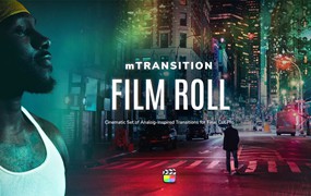 FCPX插件：MotionVFX – mTransition Film Roll 50种时尚复古美学胶片穿孔漏光故障和失真怀旧扭曲转场过渡效果Final Cut Pro插件