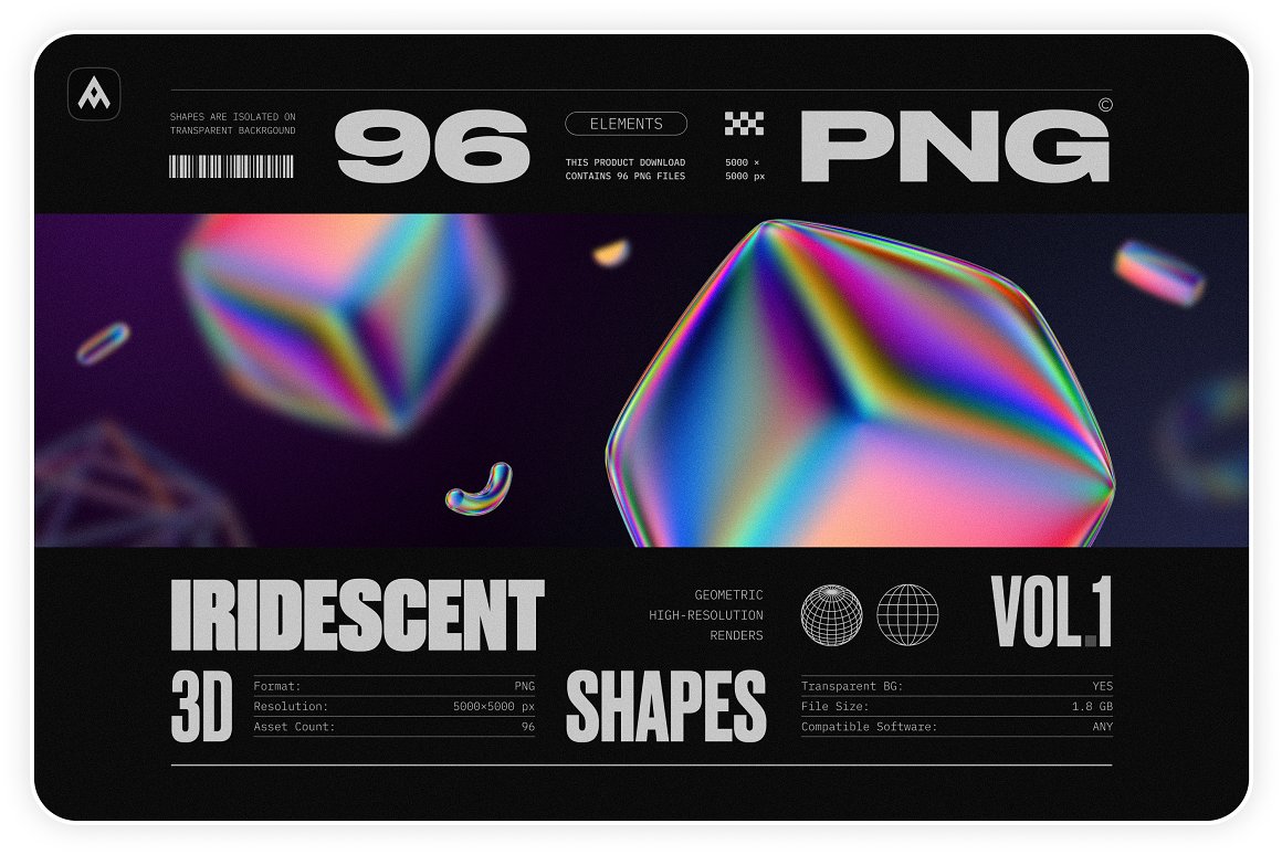 Samolevsky 96个高分辨率活力抽象多色彩虹渐变几何3D形状元素PNG免扣背景图片素材包 Iridescent geometric 3D shapes VOL.1 图片素材 第1张