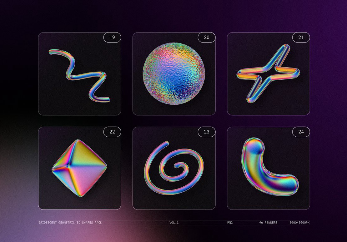 Samolevsky 96个高分辨率活力抽象多色彩虹渐变几何3D形状元素PNG免扣背景图片素材包 Iridescent geometric 3D shapes VOL.1 图片素材 第9张