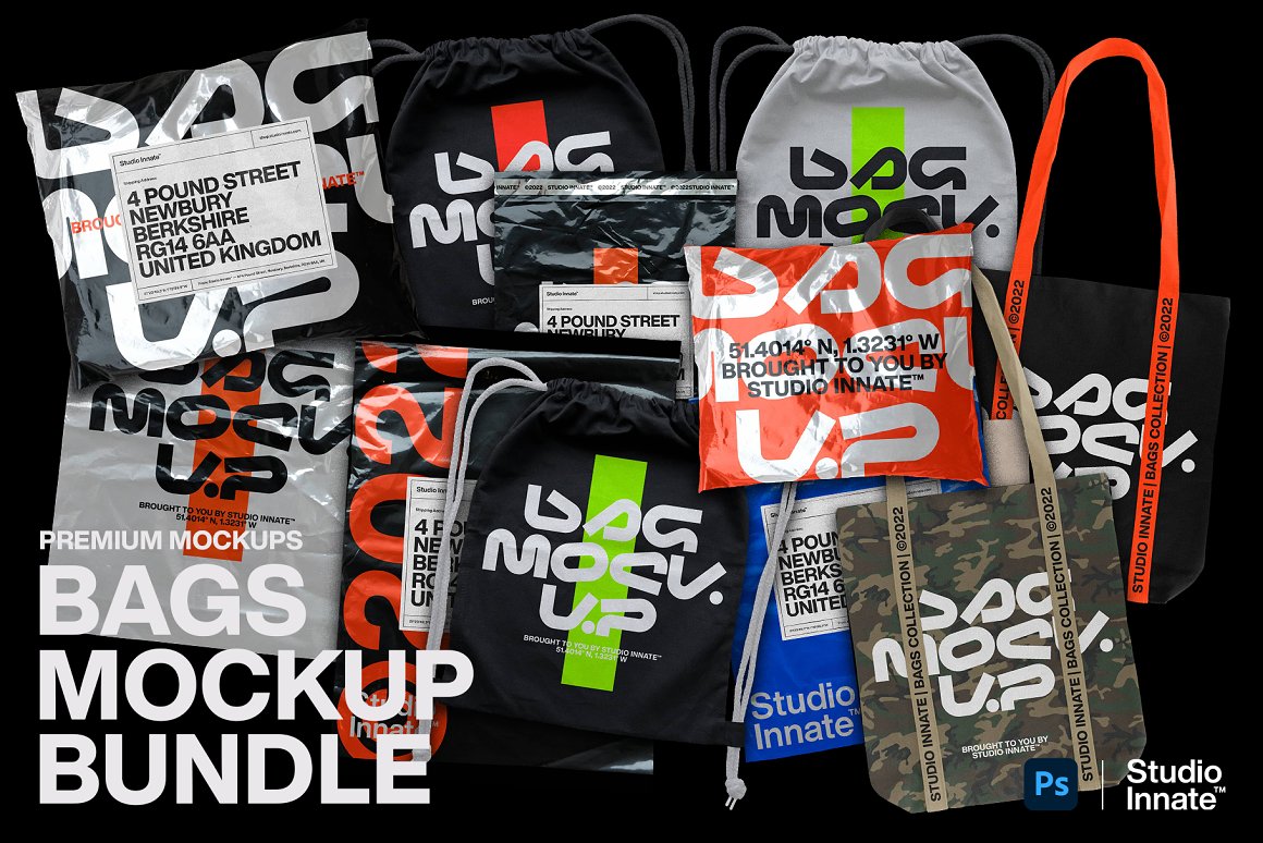 Studio Innate 新潮抽绳运动包手提包塑料袋品牌印花物料PSD模板 Bags – Mockup Bundle 样机素材 第1张