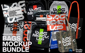 Studio Innate 新潮抽绳运动包手提包塑料袋品牌印花物料PSD模板 Bags – Mockup Bundle