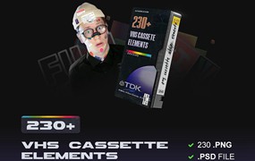 Vlad Zuy 230多个复古VHS盒式磁带全息贴纸徽标标签二维码纸张PSD&PNG素材包 230+ VHS Cassette Elements