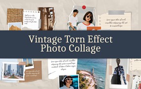 复古撕纸效果摄影后期照片拼贴印刷品杂志书籍社交媒体Photoshop模板