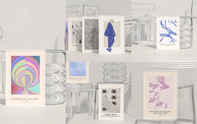 现代简约艺术时尚玻璃金属椅子艺术海报框架样机艺术海报装裱样机Art Poster PSD模板 GLASS & METAL | Trendy Frame Mockup