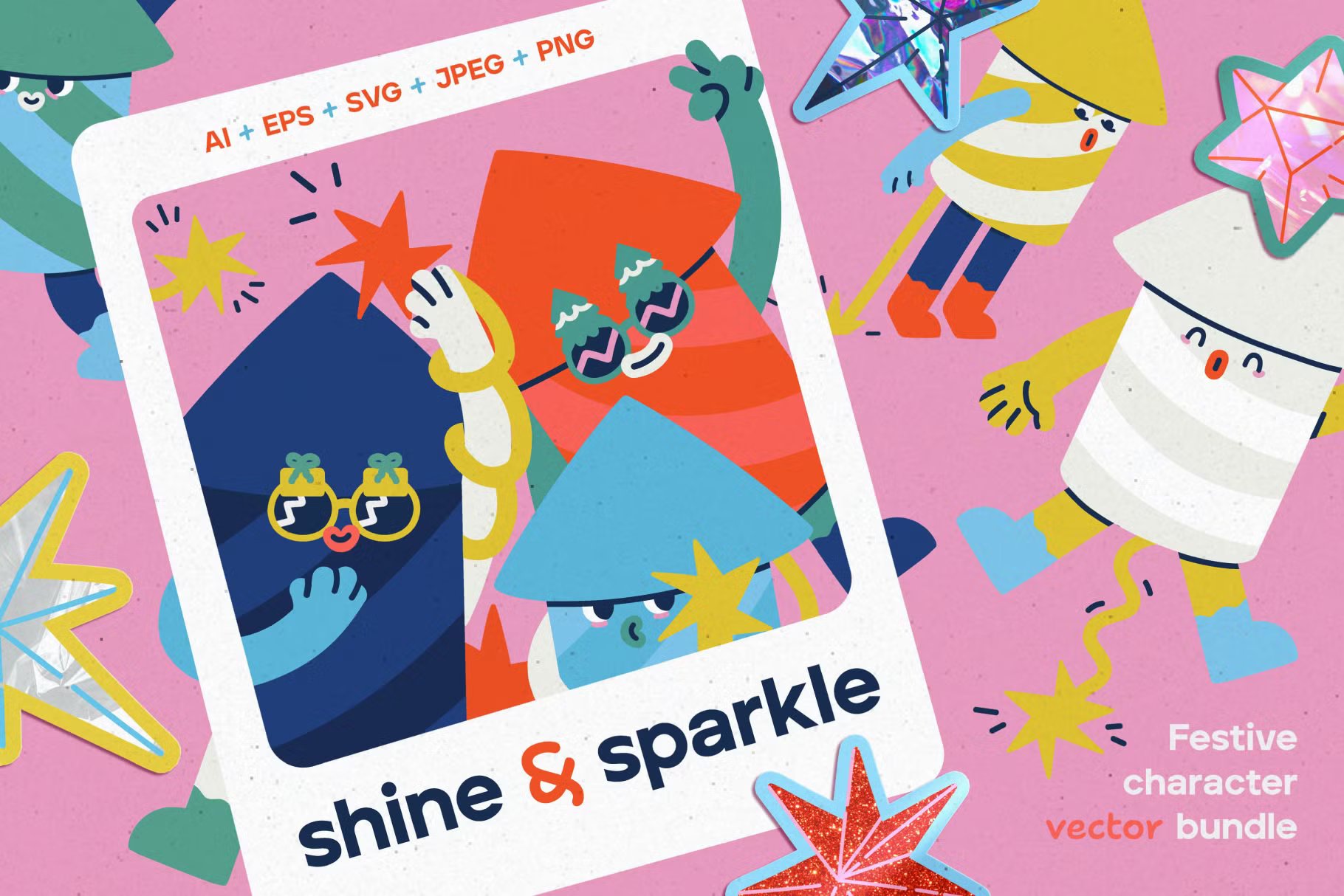21款节日促销海报广告设计趣味卡通烟花火箭拟人快乐表情包插画贴纸AI矢量设计套装 Sparkle & shine. Firework character. , 第1张