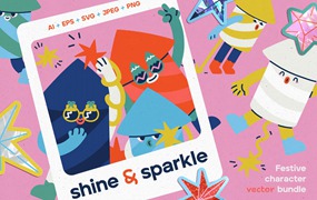 21款节日促销海报广告设计趣味卡通烟花火箭拟人快乐表情包插画贴纸AI矢量设计套装 Sparkle & shine. Firework character.