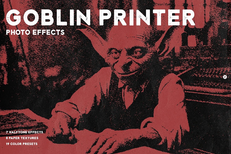 复古做旧真实半色调网格波浪印刷肌理特效PSD设计图片照片处理特效生成器 Goblin Printer - Halftone Effects 插件预设 第1张