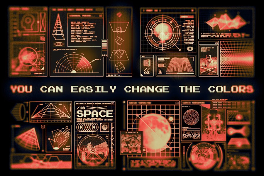 54个未来主义游戏电影数字图形复古潮流赛博宇宙飞船HUD科技元素 Retro Spaceship HUD , 第9张
