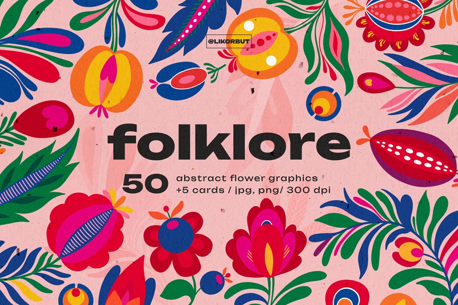 传统民间艺术抽象花卉图形服装纺织包装袋邀请函品牌推广创意PNG免扣花卉图案 Folk Abstract Floral Graphics , 第1张