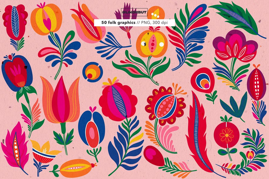 传统民间艺术抽象花卉图形服装纺织包装袋邀请函品牌推广创意PNG免扣花卉图案 Folk Abstract Floral Graphics , 第2张