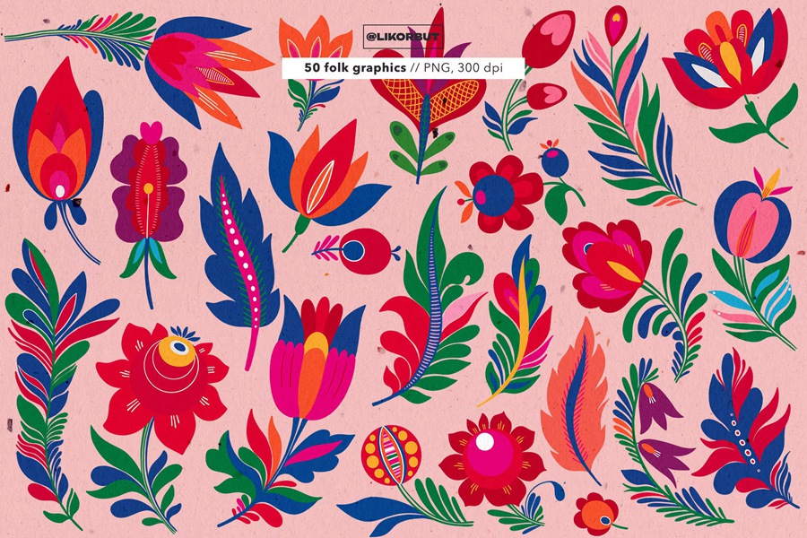 传统民间艺术抽象花卉图形服装纺织包装袋邀请函品牌推广创意PNG免扣花卉图案 Folk Abstract Floral Graphics , 第3张