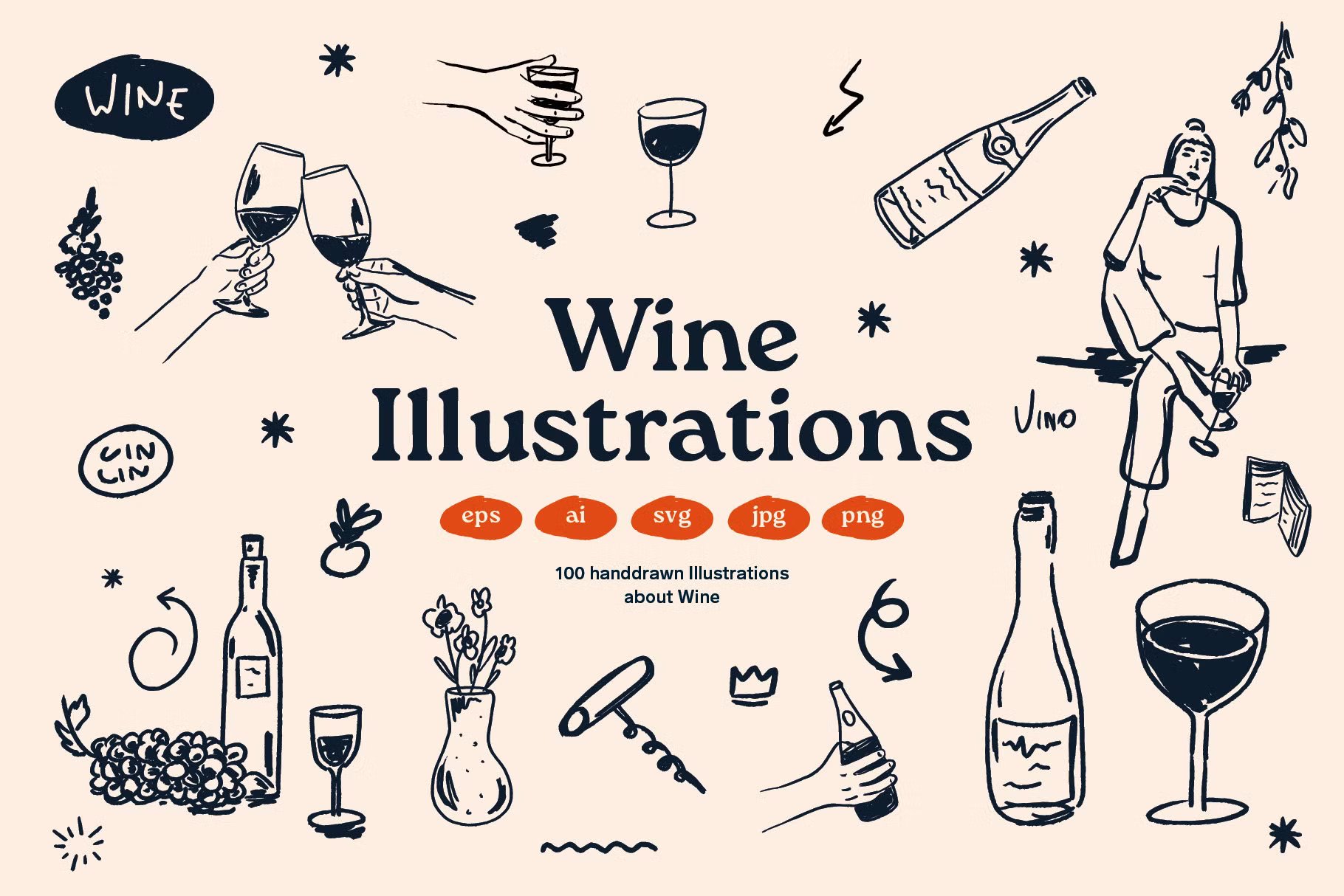 品牌海报图案创作网页设计标志设计自然气息葡萄酒矢量手绘插画PNG/AI矢量设计图形 Wine vector Illustrations , 第1张