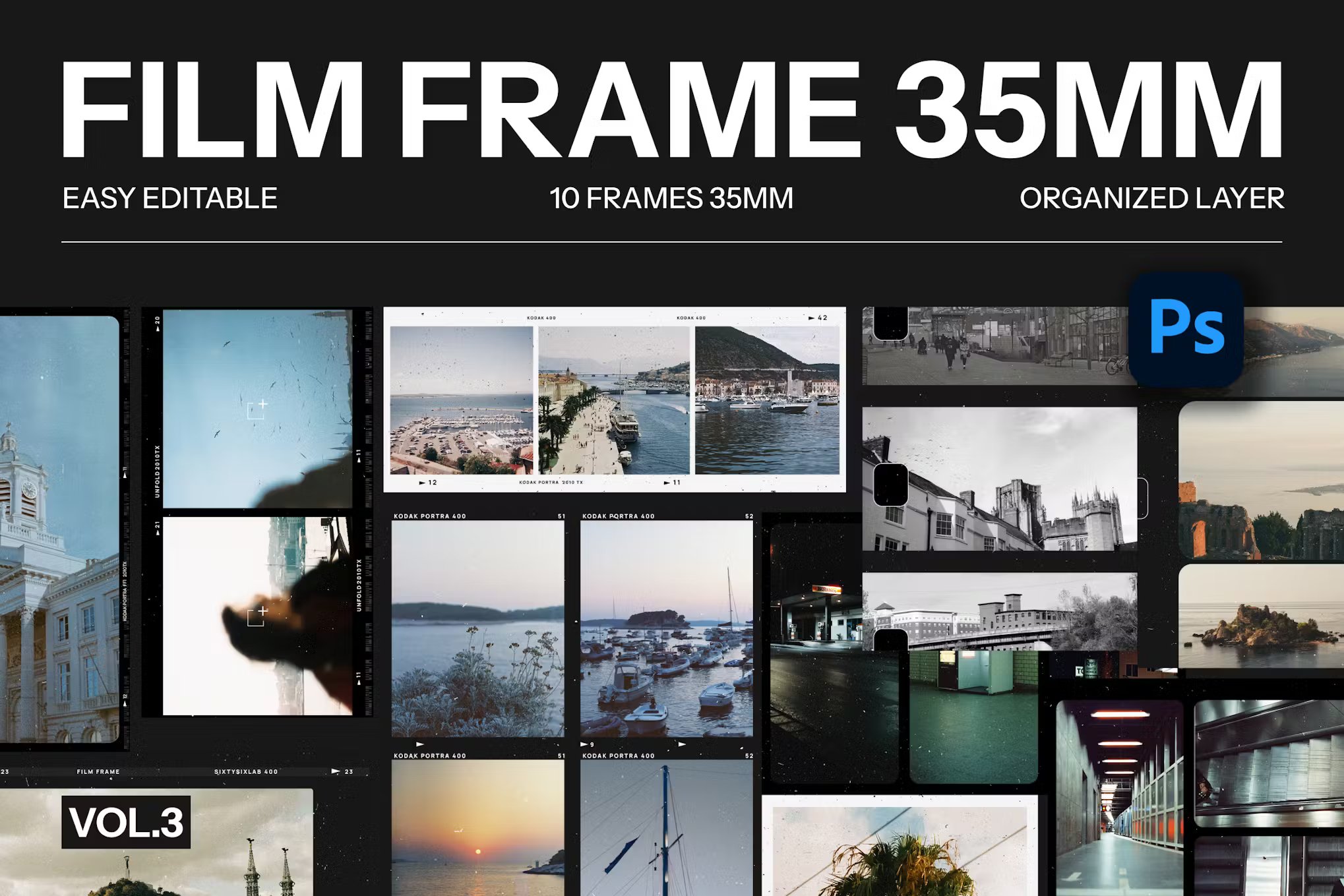 10种摄影后期35mm复古怀旧胶片边框照片拼贴PNG/PSD设计模板 Film Frame 35mm V.3 , 第1张