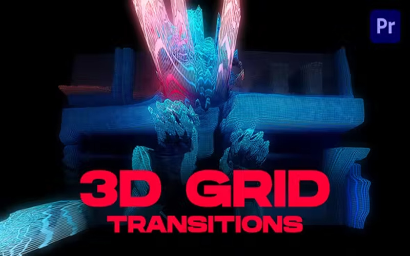 PR模板-24种3D网格像素线条动画转过渡素材 3D Grid Transitions 影视音频 第1张