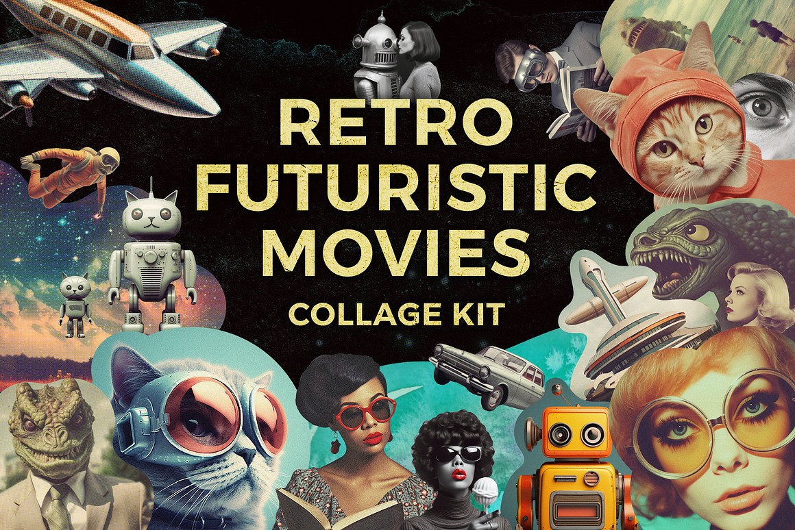 350个未来派复古创意电影拼贴艺术人物建筑机器人怪兽外星人剪贴画贴纸PNG元素设计套装 Retro futuristic movies collage ki , 第1张