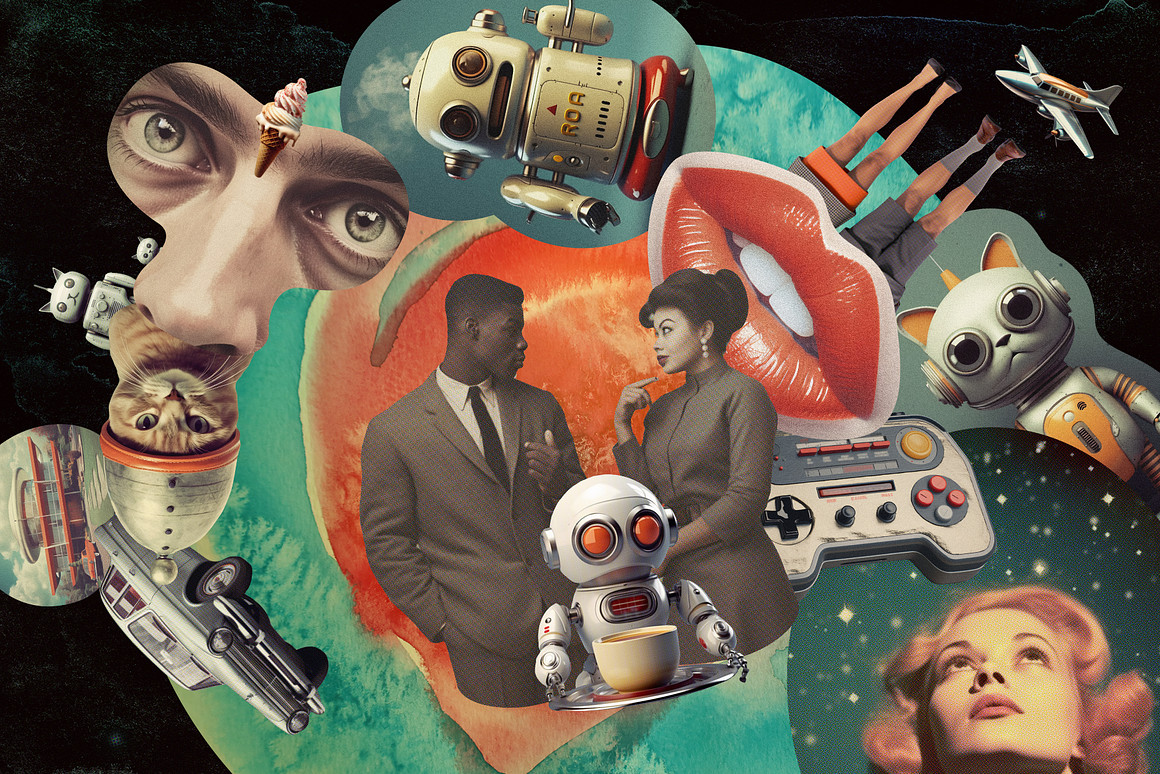 350个未来派复古创意电影拼贴艺术人物建筑机器人怪兽外星人剪贴画贴纸PNG元素设计套装 Retro futuristic movies collage ki , 第2张