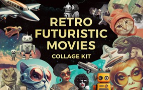 350个未来派复古创意电影拼贴艺术人物建筑机器人怪兽外星人剪贴画贴纸PNG元素设计套装 Retro futuristic movies collage ki