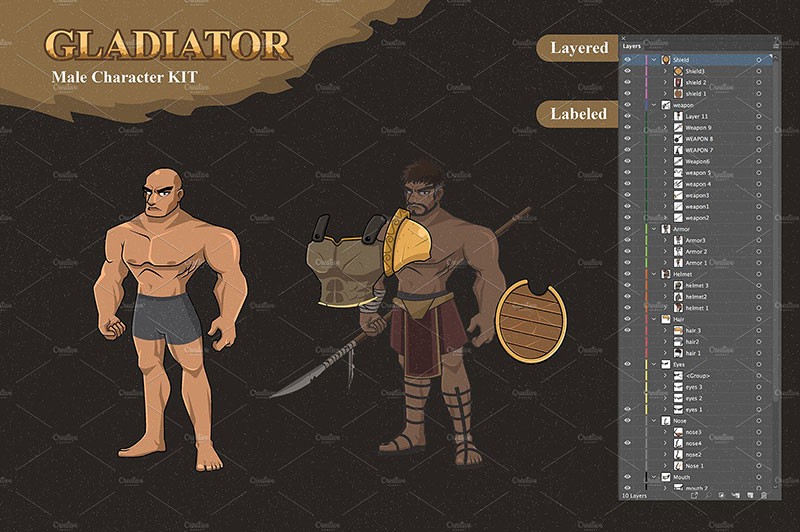 角斗士游戏角色和道具素材套件，PSD AI格式 图标素材 第2张
