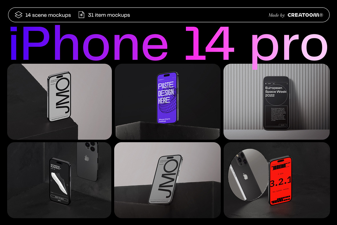工业风极简质感高级Phone14 pro苹果手机App界面UI设计作品贴图展示PSD暗黑场景样机套装 iPhone 14 pro mockups , 第1张