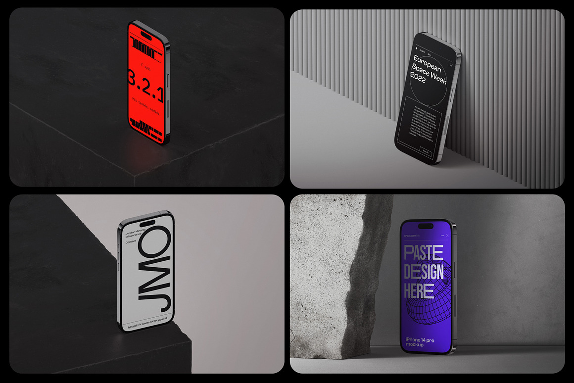 工业风极简质感高级Phone14 pro苹果手机App界面UI设计作品贴图展示PSD暗黑场景样机套装 iPhone 14 pro mockups , 第4张