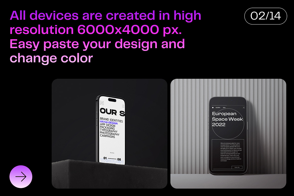 工业风极简质感高级Phone14 pro苹果手机App界面UI设计作品贴图展示PSD暗黑场景样机套装 iPhone 14 pro mockups , 第6张