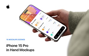 15款高清极简手持iPhone 15 Pro屏幕界面UI设计APP页面作品集展示PSD样机套装15 iPhone 15 Pro In Hand Mockups