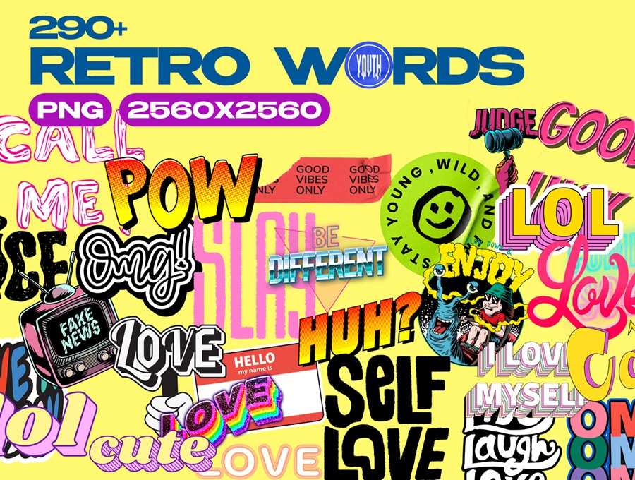 300+复古趣味手绘单词促销标语贴纸插画Figma免扣图片元素设计套装+300 RETRO WORDS Stickers . 第1张