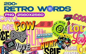 300+复古趣味手绘单词促销标语贴纸插画Figma免扣图片元素设计套装+300 RETRO WORDS Stickers