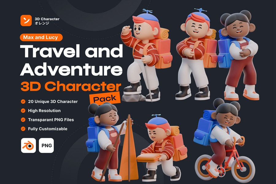 20款趣味3D立体旅行旅游野营远足度人物活动场景PNG免扣插画Blender模型设计套装Travel & Adventure 3D Character 3D Illustration Pack . 第1张