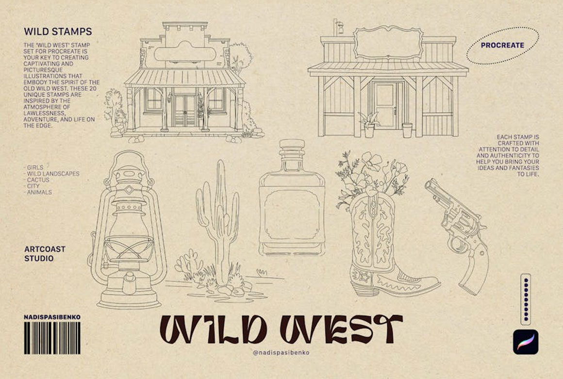 Procreate笔刷：复古手绘狂野西部人物建筑元素邮票标识漫画风iPad Procreate笔刷素材 Wild West Stamps , 第3张