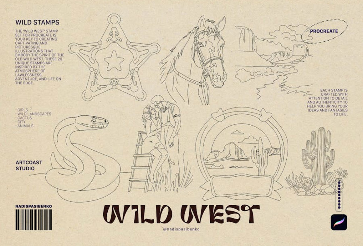 Procreate笔刷：复古手绘狂野西部人物建筑元素邮票标识漫画风iPad Procreate笔刷素材 Wild West Stamps , 第4张