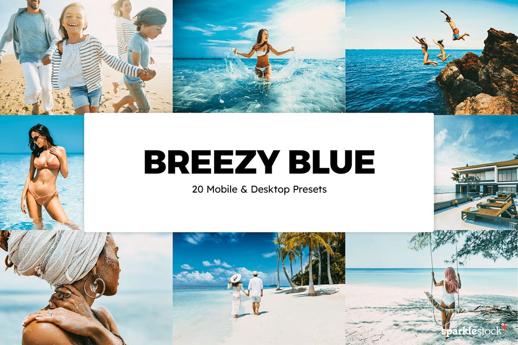 夏日海滩蓝色明亮摄影后期Lightroom预设及电影调色LUT预设 20 Breezy Blue Lightroom Presets und LUTs 插件预设 第1张
