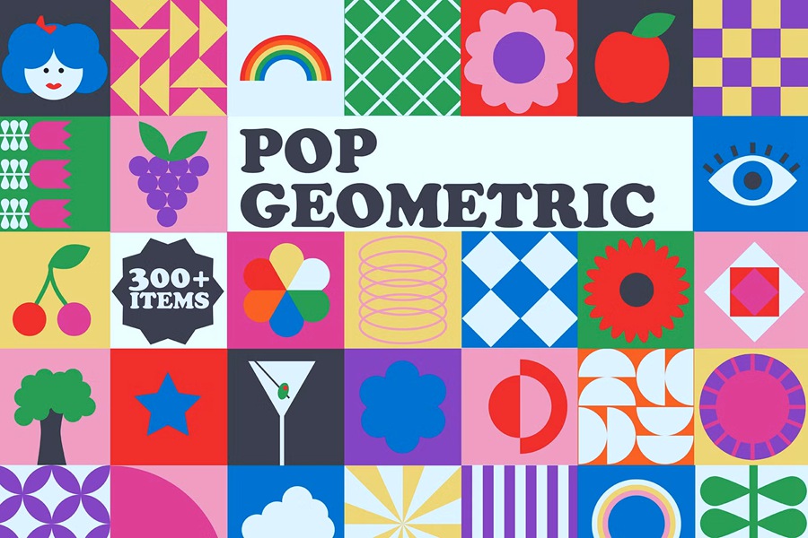 300多种元素方形瓷砖图标花朵元素无缝图案预制海报 Colorful Geometric Shapes + Patterns , 第1张