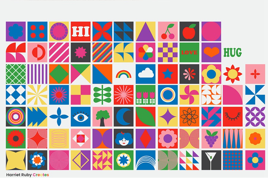 300多种元素方形瓷砖图标花朵元素无缝图案预制海报 Colorful Geometric Shapes + Patterns , 第6张