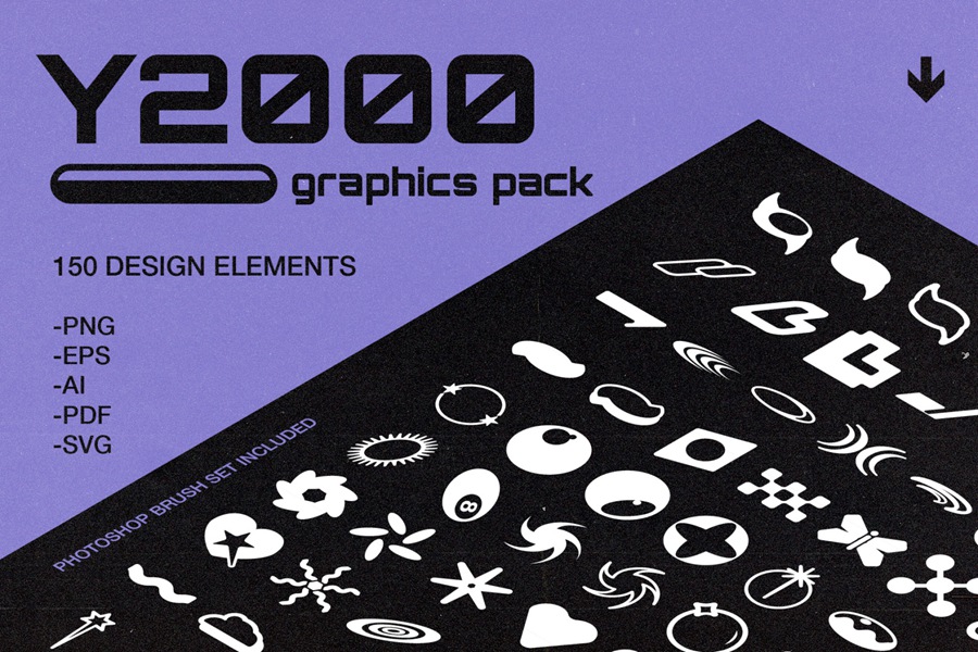 150款复古未来主义90年代千禧星芒爱心抽象艺术几何AI矢量logo徽标icon图标图形设计套装Y2000 Graphics Pack , 第1张