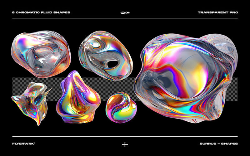 全息炫彩金属镀铬流体液体3D抽象艺术海报背景图片和PNG图形素材 图片素材 第2张