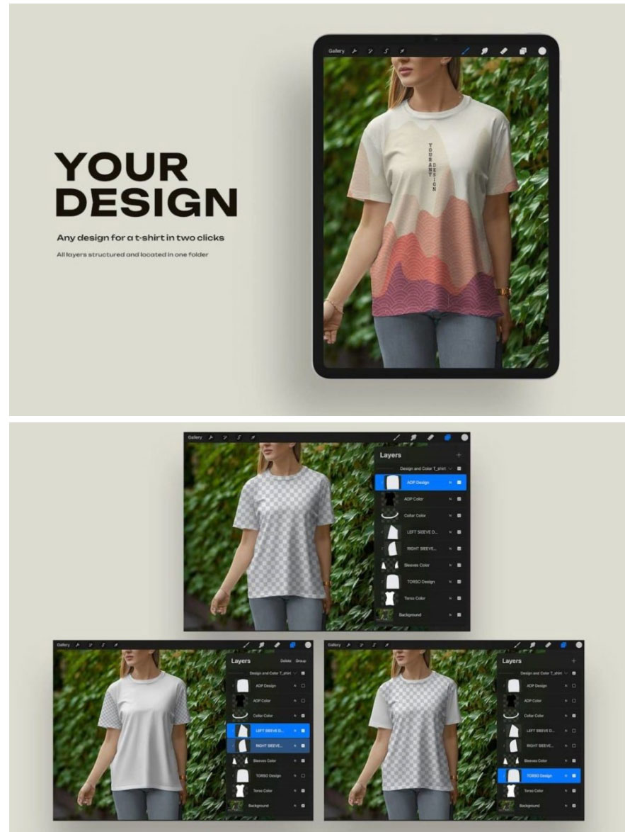 7款时尚逼真女士半袖T恤衫印花图案设计展示贴图效果图Procreate样机模板素材 , 第3张