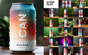 18款时尚AI智能生成听装啤酒饮料苏打水金属易拉罐锡罐设计展示效果图PSD样机模板 Soda Can Mockup Generated with AI