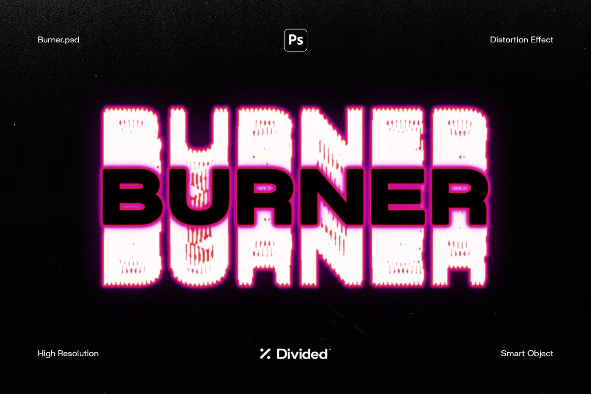 复古燃烧扭曲失真霓虹波浪夜店文本标题logo徽标特效PSD样机Burner Distortion Text Effect , 第1张