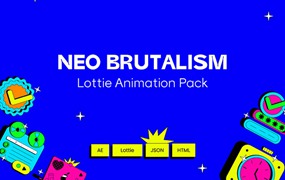 105款现代趣味卡通动态UI图标icon徽标贴纸logo插画AE/JSON/HTML动画设计套装Neo Brutalism Lottie Animation Pack